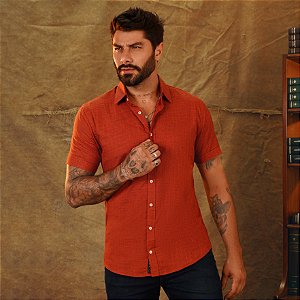 Camisa de Manga Curta SLIM LINHO FLAMÊ TERRA COTA