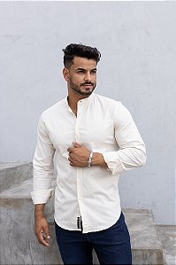 Camisa Manga Longa  GOLA PADRE Slim LINHO FLAMÊ BEGE