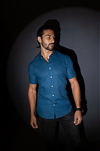 Camisa de Manga Curta SLIM LINHO FLAMÊ AZUL PROFUNDO