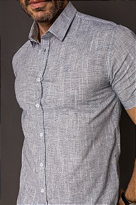 Camisa de Manga Curta SLIM AZUL MARINHO LINHO FLAMÊ TINTO