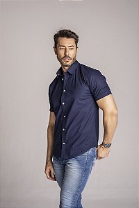 Camisa de Manga Curta SLIM LINHO FLAMÊ AZUL MARINHO