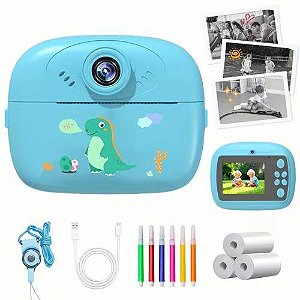 Câmera Imprime Foto Instantânea Infantil Filmadora Full HD - Azul