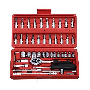 Jogo De Soquete Aço Crv 1/4 Catraca Chave Allen Maleta 46 Peças Cor:Vermelho