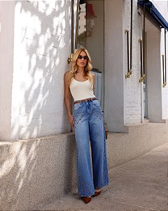 Calça Jeans Baggy Bordado Floral