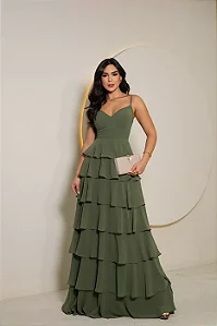 Vestido Longo em Camadas com Babados Cascat