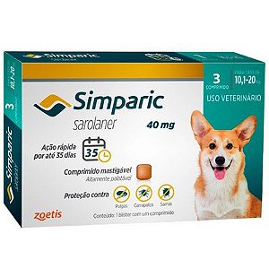 Antipulgas Zoetis Simparic 40 mg para Cães 10,1 a 20 Kg - 3 Comprimido