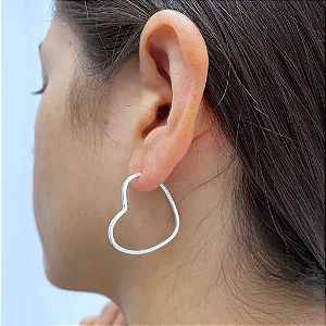 Brinco Argola Prata 925 Coração 2,4cm Fio Quadrado 2MM