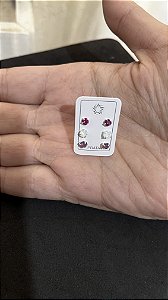 Trio de Brincos Prata Legítima Ponto de Luz - Lilás, Fucsia e Azul Holográfico