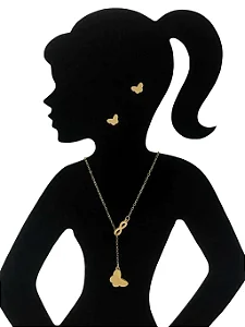 Conjunto Brinco e Colar Infinito e Borboleta em Aço Banhado