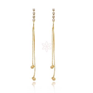 Brinco com pedrinhas de zircônia, bolinha e corrente folheado em ouro 18k