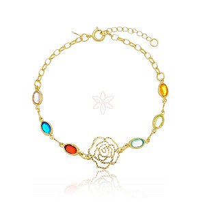 Pulseira de flor com pedras coloridas folheado em ouro 18k