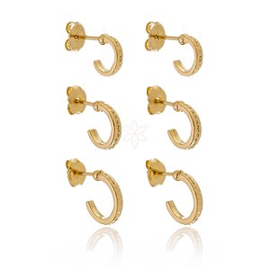 Kit de trio de brincos de argolinhas abertas detalhadas folheado em ouro 18k