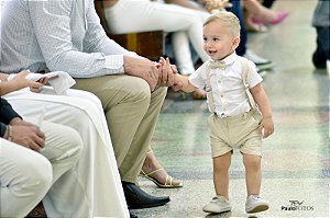 Conjunto com suspensório em linho cor cru