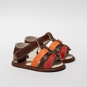 SANDÁLIA MASCULINA - MODELO FRANCISCANA - COR CAFÉ C/VERMELHO E LARANJA - LINHA BABY