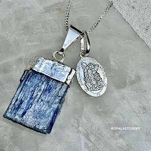 Colar São Miguel - Corrente e Medalha Prata 925 + 1 Pingente de Cianita Azul