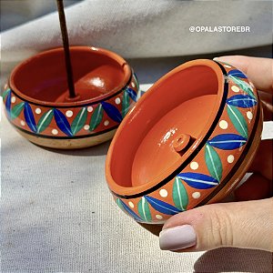 Incensário Colorido dos Andes Pintado à Mão – Laranja com folhas | Cumbuca P