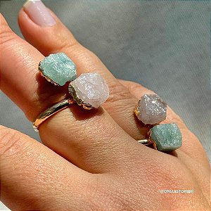 Anel Água Marinha e Quartzo Rosa – Amor e Clareza (Cristal de 2026) | Dourado e Regulável