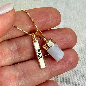 Colar da Paz | Mini Selenita + Plaquinha Banhada a Ouro + Corrente 45 cm