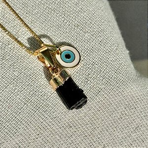 Colar de Proteção com Olho Grego e Turmalina Negra| Mini Turmalina + Plaquinha Banhada a Ouro + Corrente 45 cm