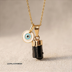 Colar de Proteção com Olho Grego e Turmalina Negra| Mini Turmalina + Plaquinha Banhada a Ouro + Corrente 45 cm