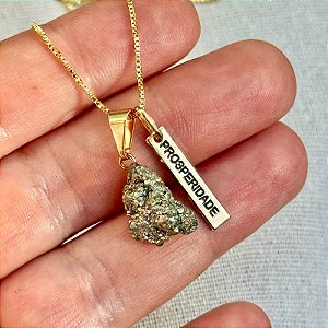 Colar da Prosperidade | Mini Pirita + Plaquinha Banhada a Ouro + Corrente 45 cm