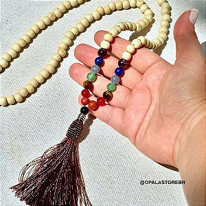 Japamala 7 Chakras Cristais Naturais em Madeira Bege Claro – 108 Contas | Tassel Marrom