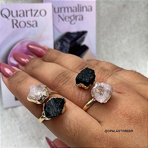 Anel de Turmalina Negra e Quartzo Rosa - Dourado | Proteção e Empatia