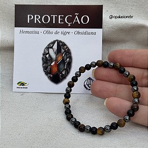 Pulseira Proteção - Olho de Tigre, Ônix e Hematita - 6mm