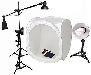 KIT ILUMINAÇÃO 1 TENDA 80X80CM+01 GIRAFA+2 TRIPES 68CM+3 ILUMINADORES 17CM+3 LAMPADAS