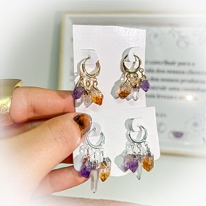 Brinco em Cristal Natural Citrino, Ametista e Quartzo Transparente