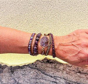 Pulseira de Amarrar Boho com Pedra Natural Ametista – 5 voltas