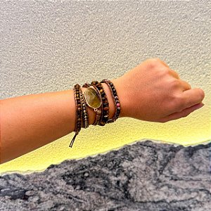 Pulseira de Amarrar Boho com Pedra Natural Olho de Tigre – 5 voltas