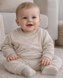 Conjunto Moletom Bebê com bolso - Bege Areia 100% Algodão