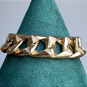 Pulseira de elos quadrados lisos e cravejados com zircônias na cor cristal 18cm de comprimento com banho de ouro 18k