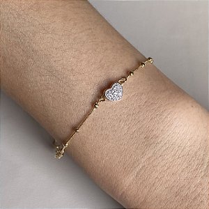 Pulseira Infantil Bolinhas e Coração Cravejado com Zircônias Cristal com Banho de Ouro 18k