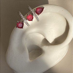 Piercing Fake (de encaixe) Par Cravejado com Zircônias Rubi e Cristal com Banho de Ródio Branco (Par)