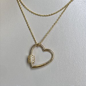 Colar Corrente Fino 70cm com Pingente de Coração Vazado Cravejado com Zircônias Cristal com Banho de Ouro 18k