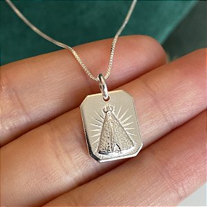 Colar com pingente medalha "Nossa Senhora Aparecida" em PRATA 925
