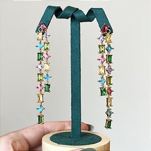 Brinco cascata riviera cravejado em 4 pontos com zircônias coloridas com banho de ouro 18k