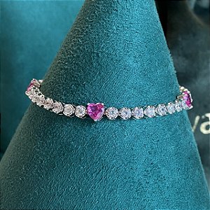 Pulseira riviera corações pink com banho de ródio branco