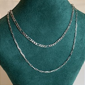 Conjunto de dois colares lisos com banho de ródio branco