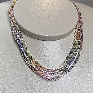 Colar riviera cravejado com zircônias coloridas (rainbow) com espessura 2 mm e comprimento 39cm em prata 925 com banho de ouro 18k ou ródio branco