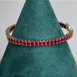 Pulseira bracelete riviera zircônias ovais cor rubi com banho de ouro 18k