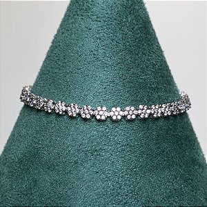 Pulseira riviera mini florzinhas cravejadas com microzircônias lilás 17cm de comprimento com banho de ródio branco