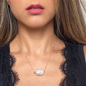 Colar Corrente com Mini Bolinhas e Pérola Barroca Natural com Banho de Ouro 18k