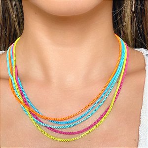 Colar Corrente Veneziana Colorida (Laranja Neon, Rosa Escuro, Azul, Verde Limão, Verde Água ou Lavanda / Lilás) com Espessura de 1,5 Milímetros
