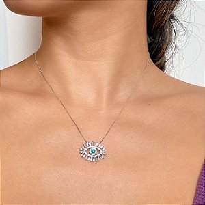 Colar com Pingente Olho Grego Cravejado com Zircônias Baguetes e Redondas (Ônix ou Turquesa) com Banho de Ouro 18k ou Ródio Branco