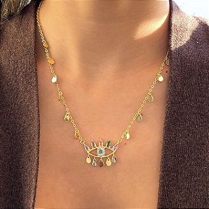 Colar com Pingente de Gotinhas Lisas e Olho Grego Cravejado com Zircônias Coloridas com Banho de Ouro 18k