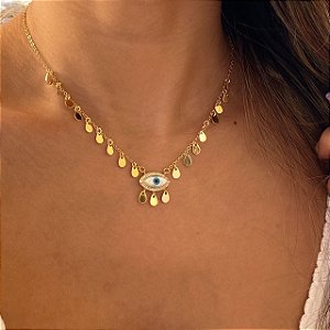 Colar com Gotinhas Lisas e Pingente Pequeno de Olho Grego Madrepérola Cravejado com Zircônias Cristal com Banho de Ouro 18k