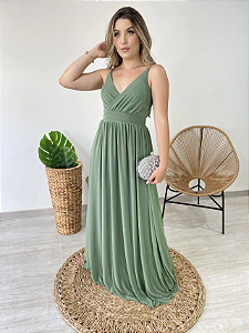 Vestido longo de Tule com alcinha na cor Verde Oliva - Loja Lali